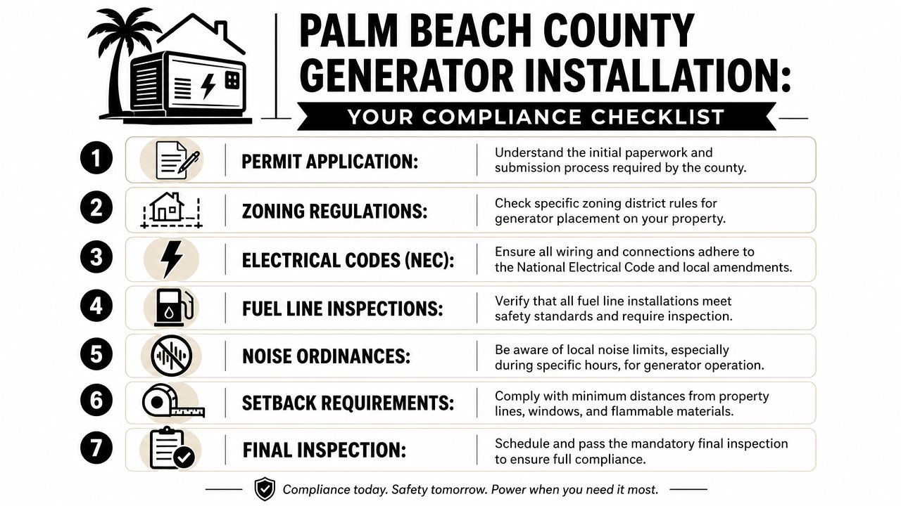 hurricane backup generator installation florida generator checklist Hurricane Backup Generator Installation Florida 2026 You don't start thinking seriously about a backup generator when the weather is perfect. You start when the storm has passed, the street is dark, the refrigerator is warming up, the house is getting hotter by the hour, and every update from the utility sounds vague. In Palm Beach County, that situation isn't hypothetical. It's part of living on the coast. A checklist for installing a residential backup generator in Palm Beach County including seven compliance steps.