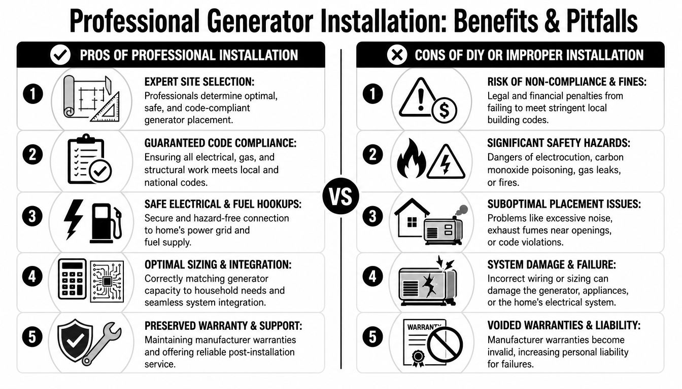 hurricane backup generator installation florida generator installation 1 Hurricane Backup Generator Installation Florida 2026 You don't start thinking seriously about a backup generator when the weather is perfect. You start when the storm has passed, the street is dark, the refrigerator is warming up, the house is getting hotter by the hour, and every update from the utility sounds vague. In Palm Beach County, that situation isn't hypothetical. It's part of living on the coast. A comparative infographic highlighting the pros of professional generator installation versus the risks of DIY setups.
