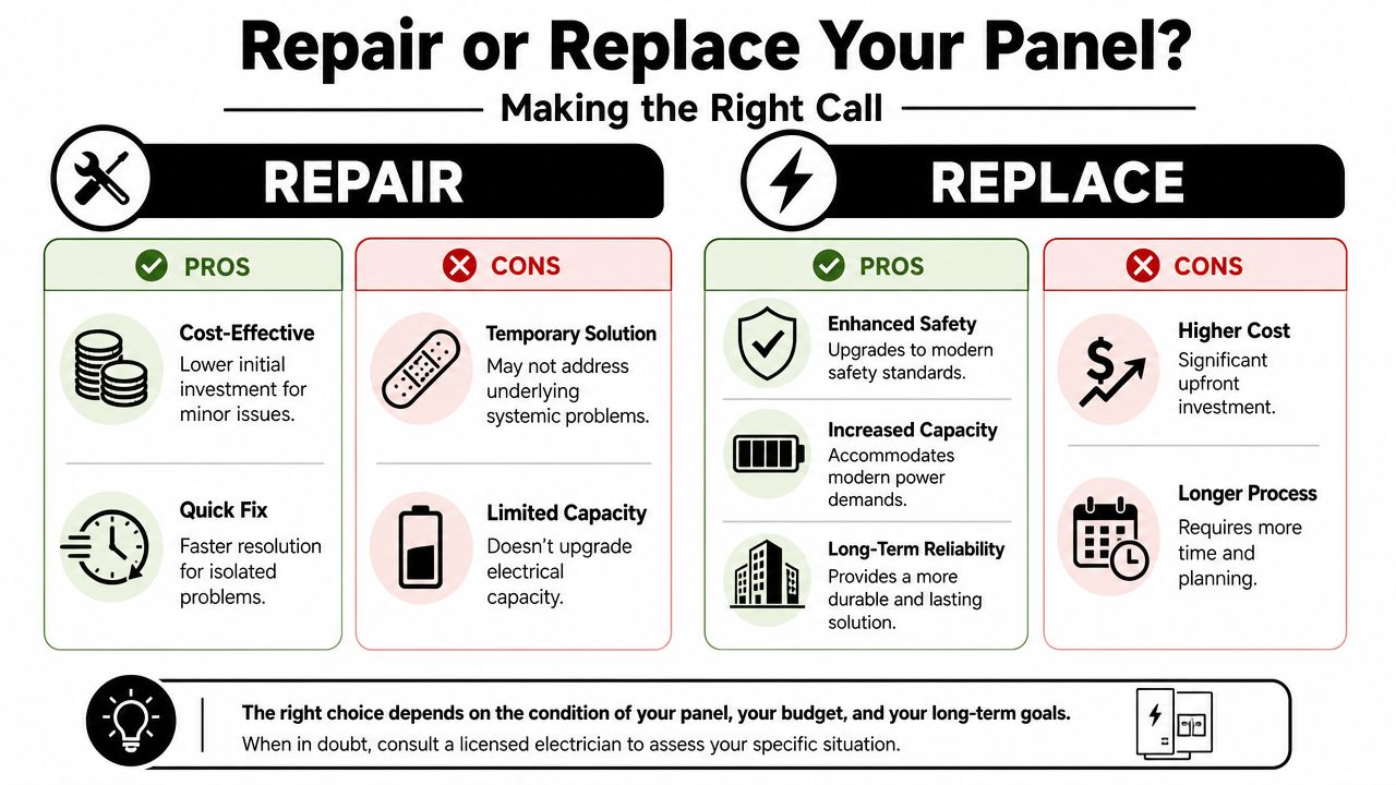A comparison chart outlining the pros and cons of choosing to repair or replace an electrical panel.