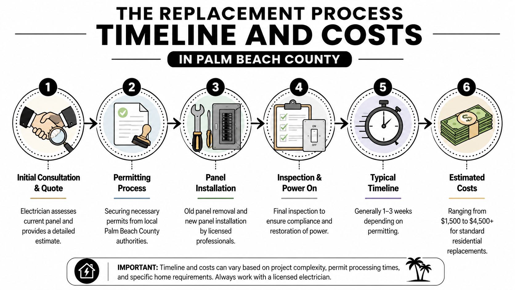 A six-step infographic detailing the electrical panel replacement process, timeline, and estimated costs in Palm Beach County.