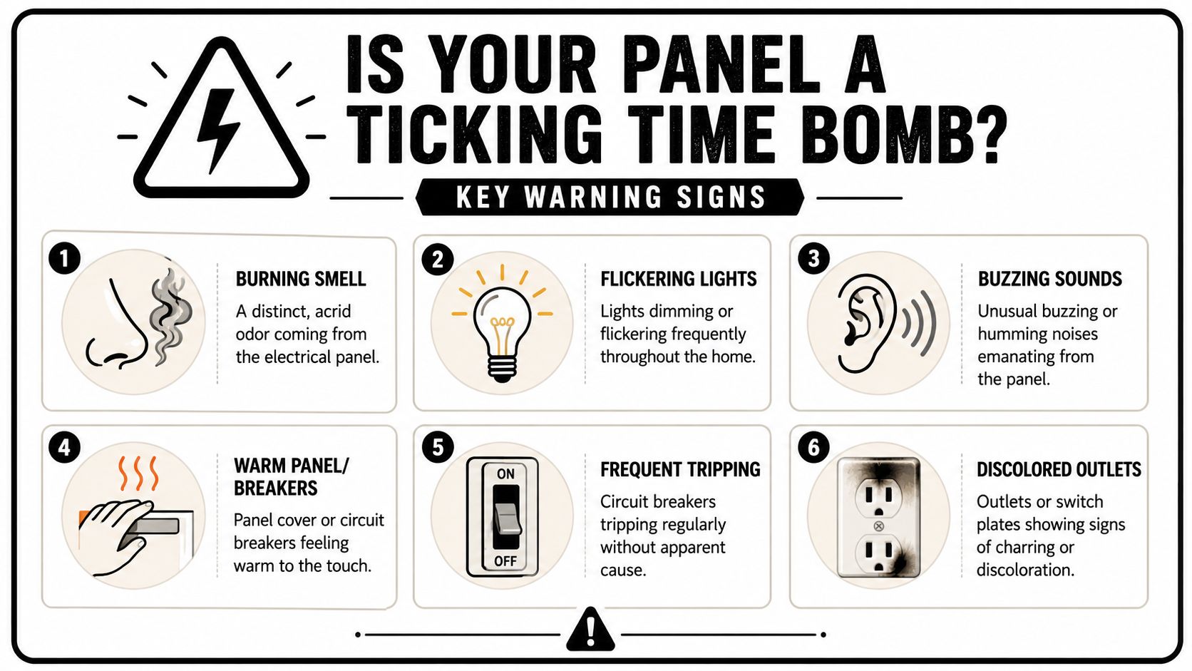 An infographic showing six key warning signs of a dangerous or faulty electrical breaker panel.