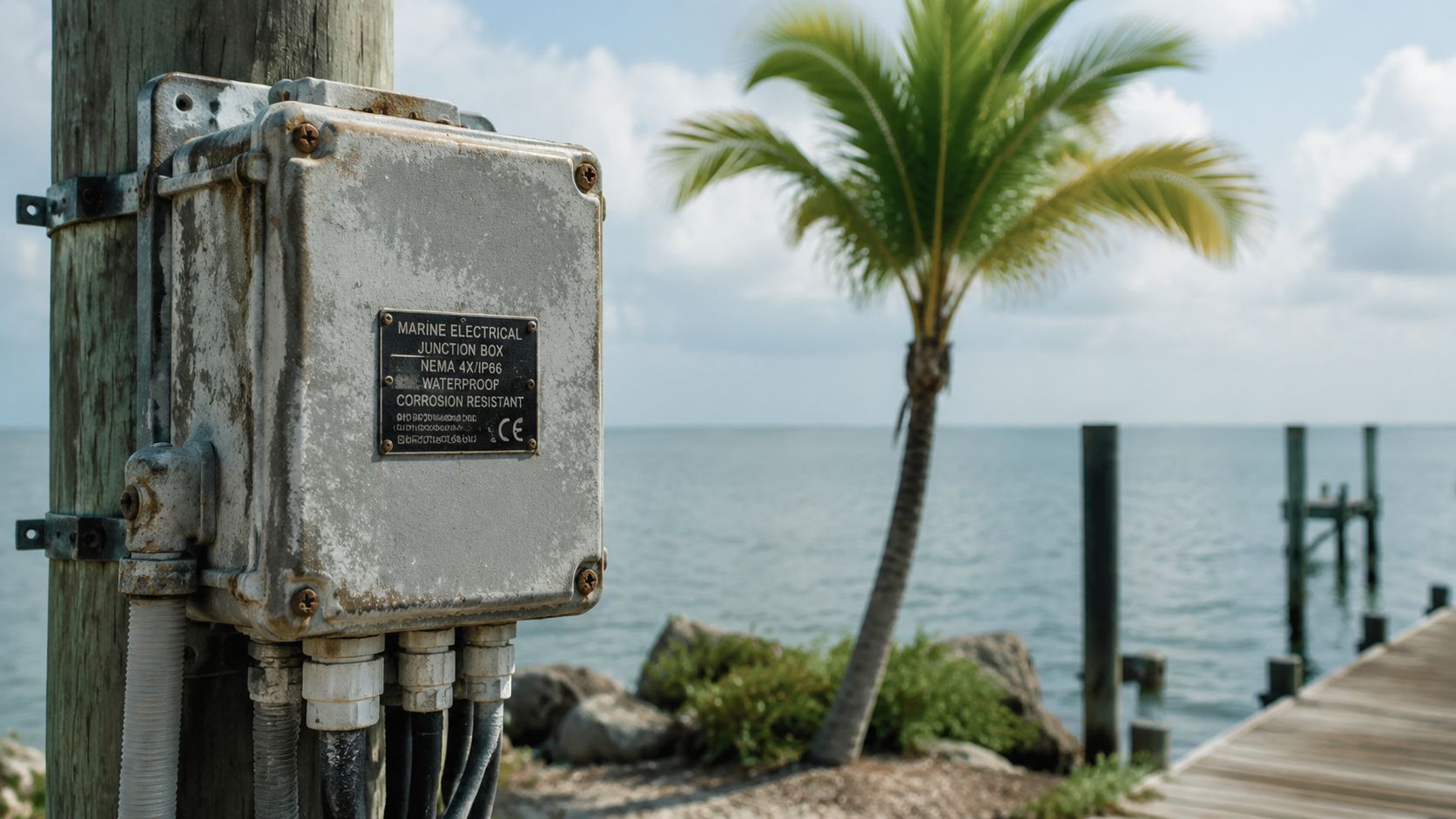 An aged electrical junction box mounted on a wooden post overlooking a serene coastal marina and palm tree.