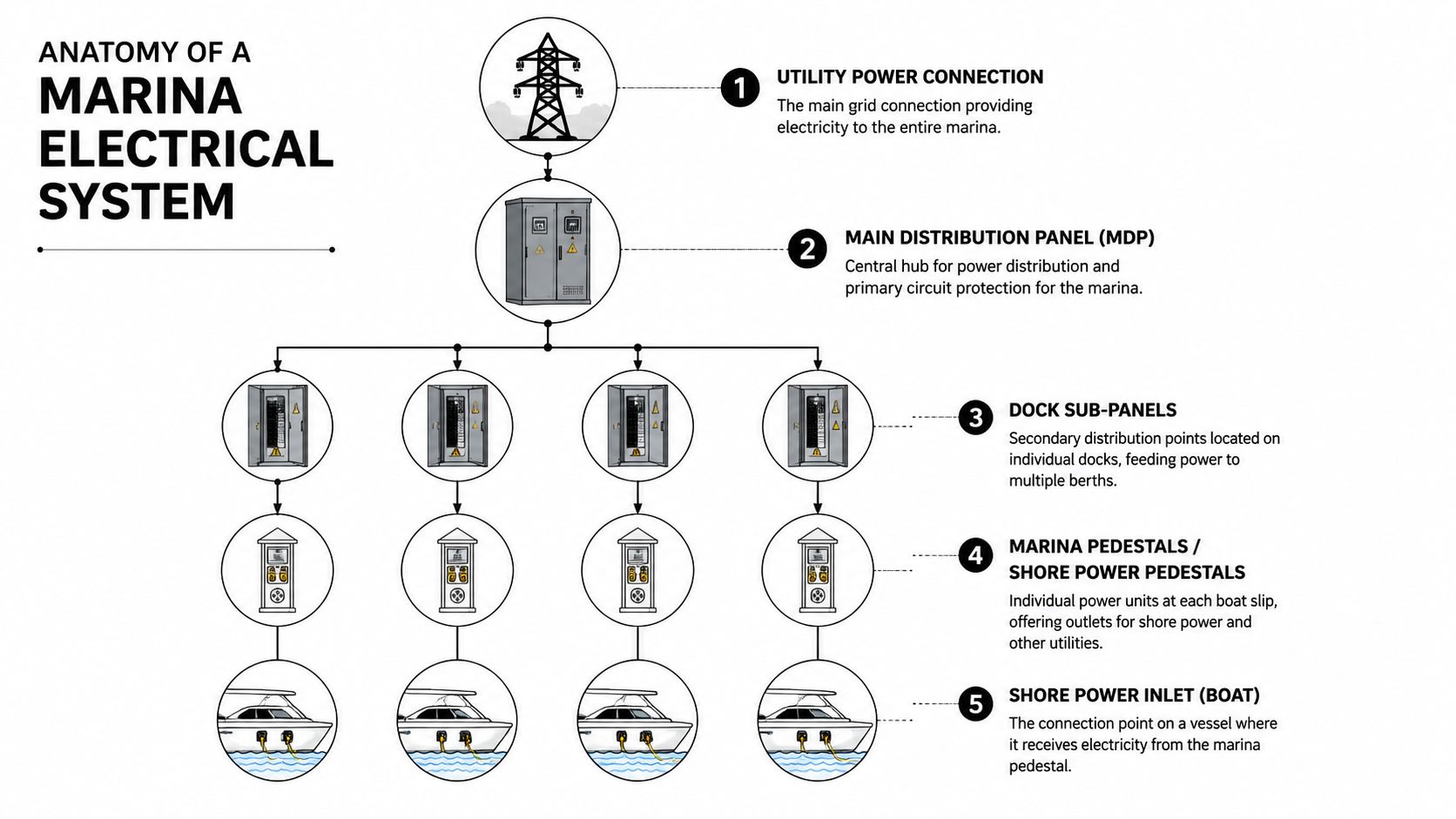 A diagram illustrating the anatomy of a marina electrical system from utility power to boat shore power.