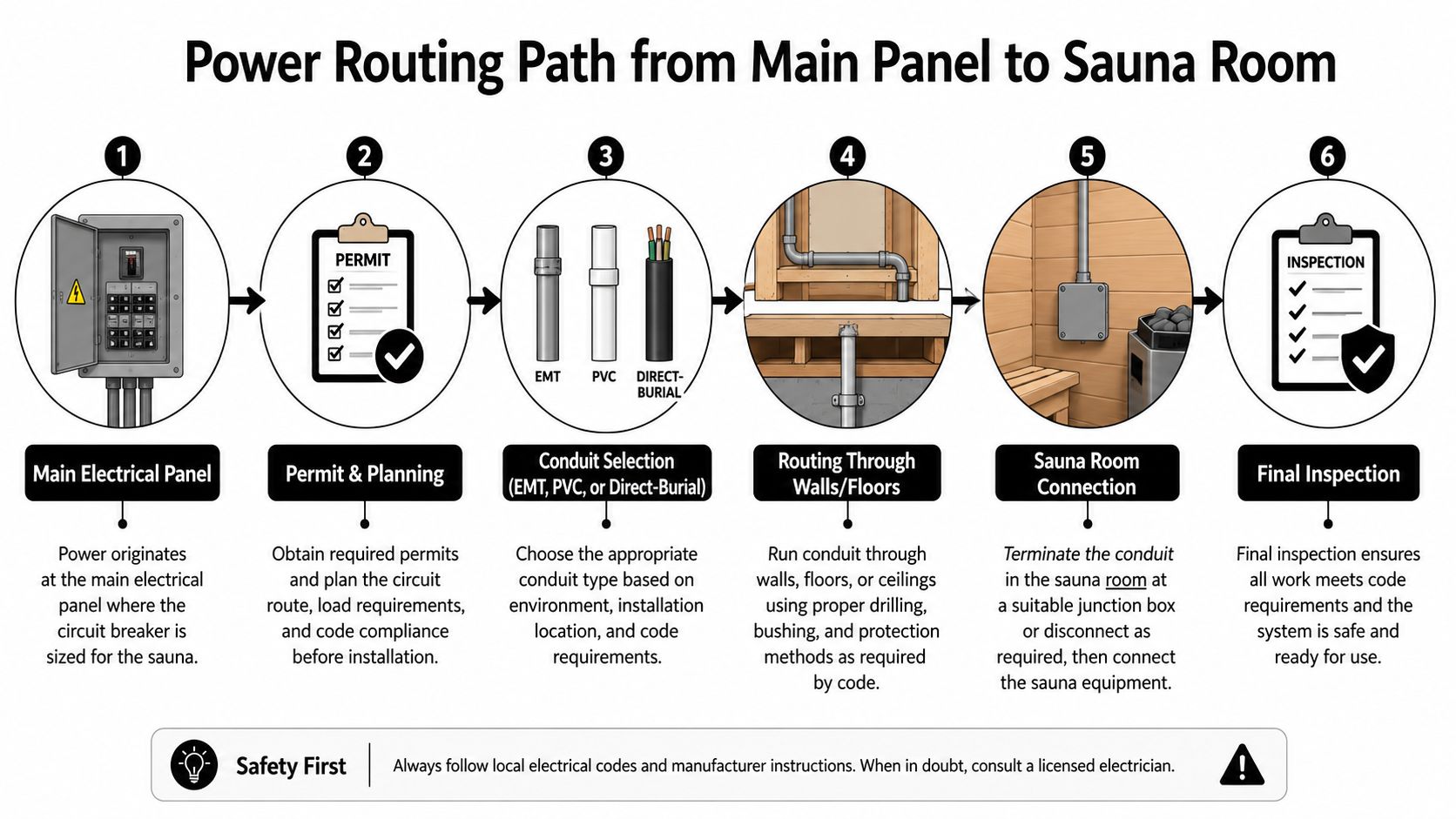 A six-step infographic illustrating the power routing path from a main electrical panel to a sauna room.