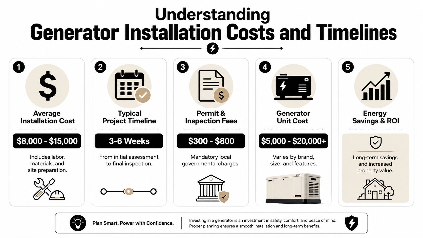 An infographic detailing the average costs, project timelines, and factors involved in home standby generator installation.