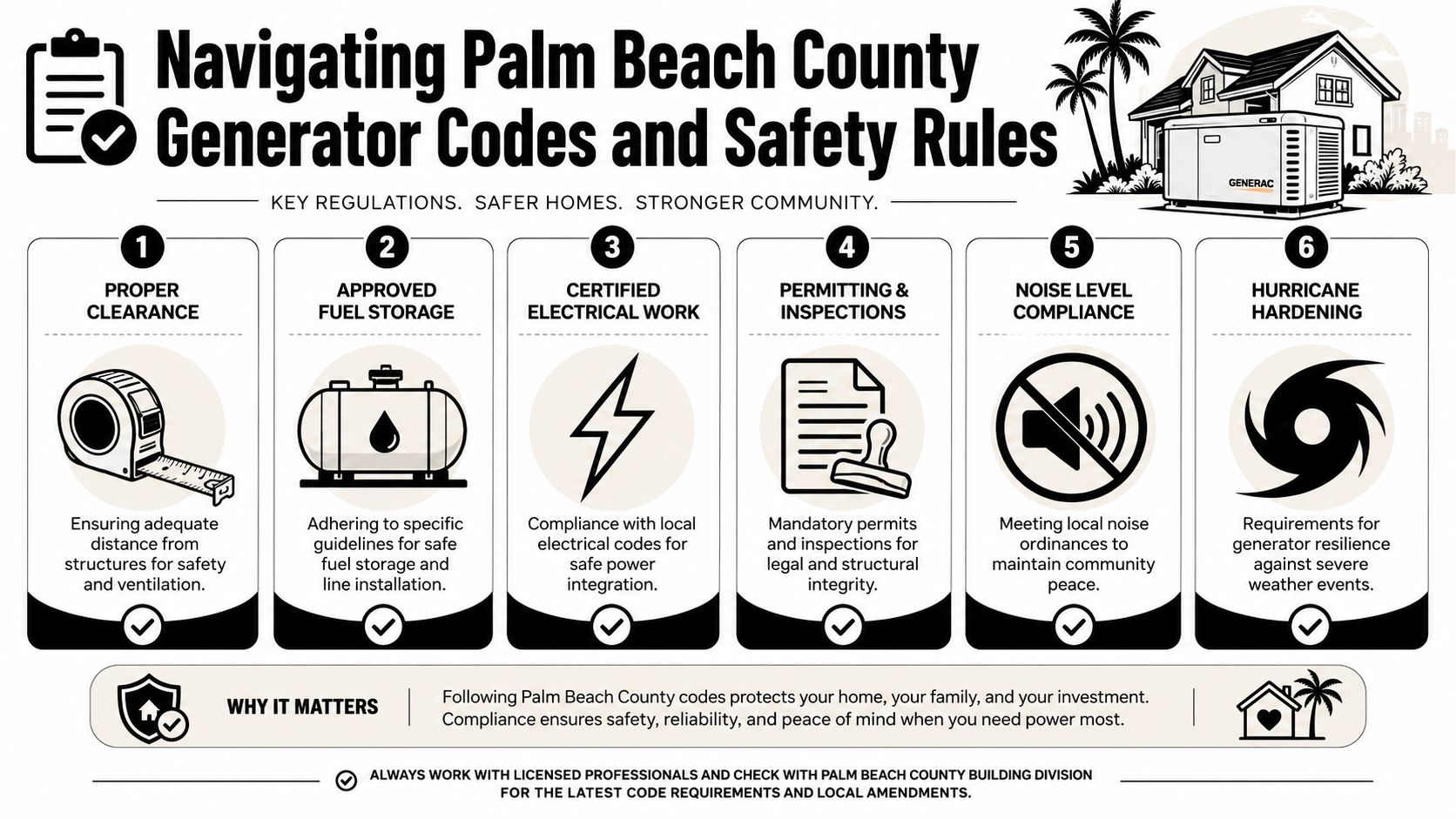 An infographic detailing six essential regulatory steps for safe standby generator installation in Palm Beach County.