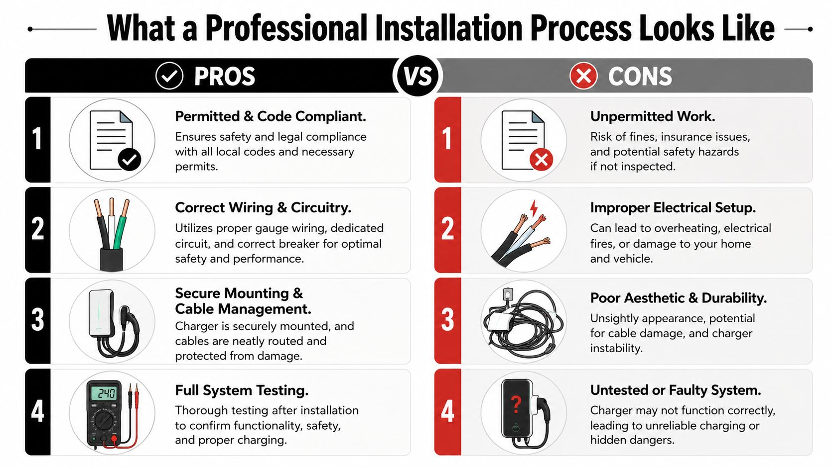 A comparison chart showing the benefits of professional electric vehicle charger installation versus DIY unpermitted work.