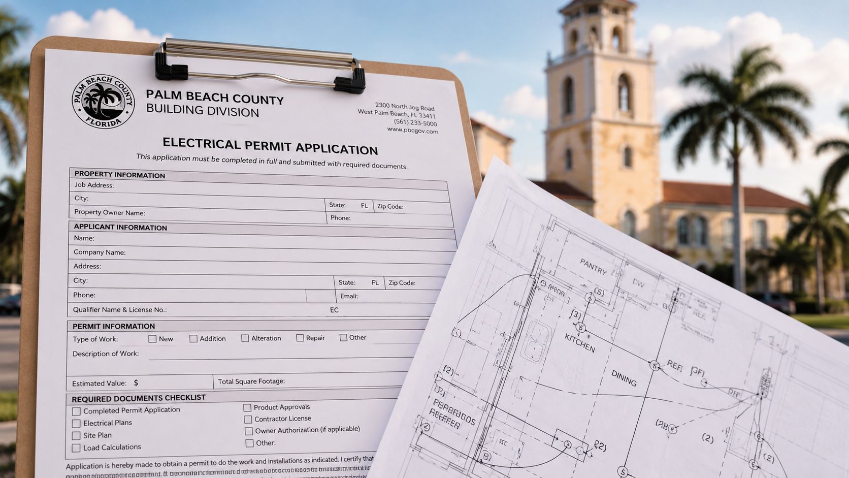 An electrical permit application for Palm Beach County positioned next to construction floor plan blueprints.