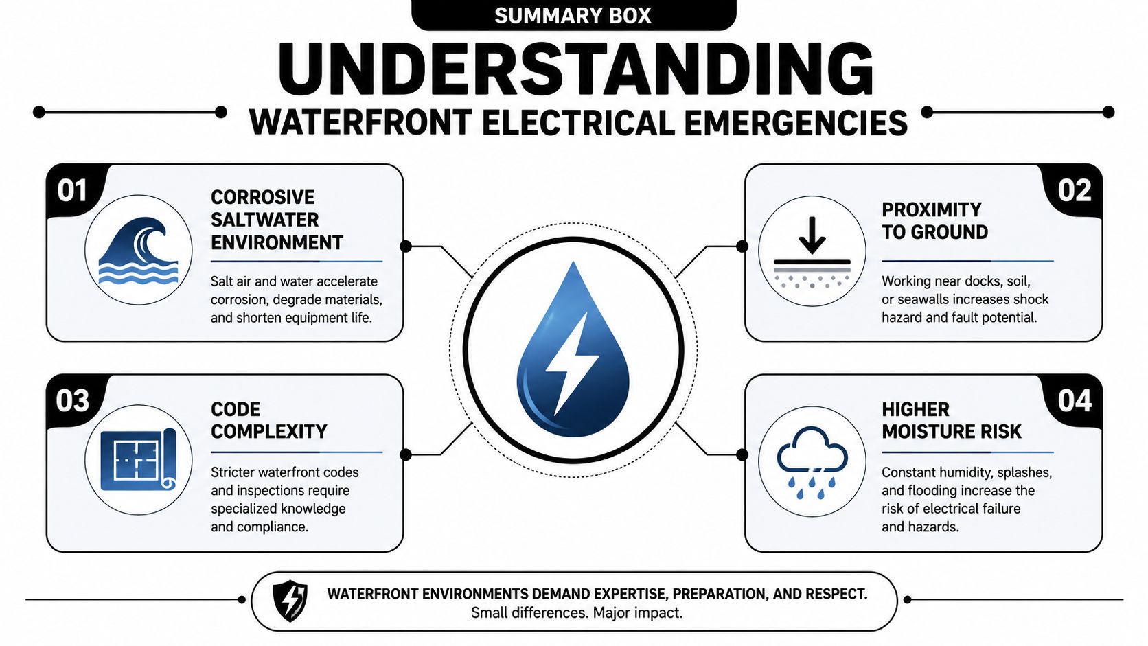 An infographic titled Understanding Waterfront Electrical Emergencies highlighting four risks including corrosion, proximity to ground, complexity, and moisture.