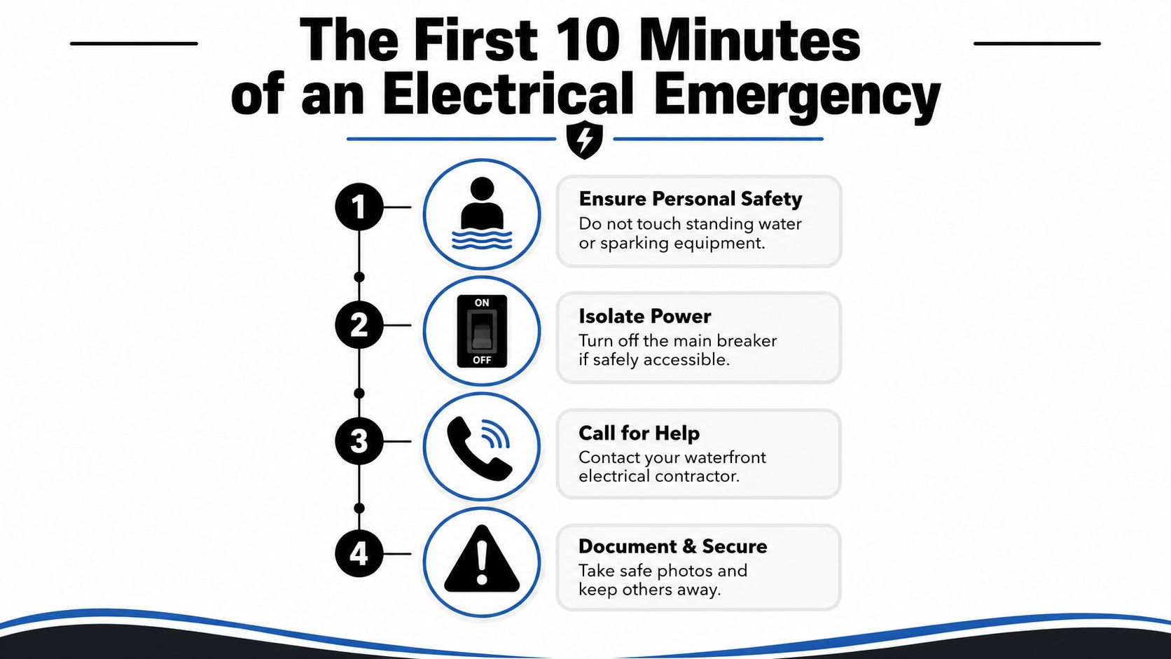 A safety infographic detailing the four essential steps to follow during an electrical emergency near water.