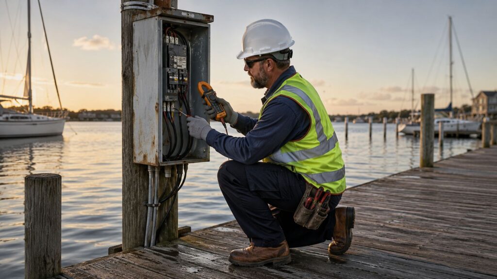 waterfront property electrical contractors electrical testing Waterfront Property Electrical Contractors: 2026 Guide The call usually comes in the same way. A dock light has gone dark, the panel smells hot, or a breaker keeps tripping after a salty rain and nobody wants to touch it again. On a waterfront property, that's not just a nuisance. Moisture, corrosion, and bonding problems can turn a small fault into a shut-down dock, a damaged service panel, or a shock risk fast, which is why waterfront property electrical contractors have to think differently from inland service crews. waterfront property electrical contractors electrical testing Waterfront Property Electrical Contractors: 2026 Guide The call usually comes in the same way. A dock light has gone dark, the panel smells hot, or a breaker keeps tripping after a salty rain and nobody wants to touch it again. On a waterfront property, that's not just a nuisance. Moisture, corrosion, and bonding problems can turn a small fault into a shut-down dock, a damaged service panel, or a shock risk fast, which is why waterfront property electrical contractors have to think differently from inland service crews.