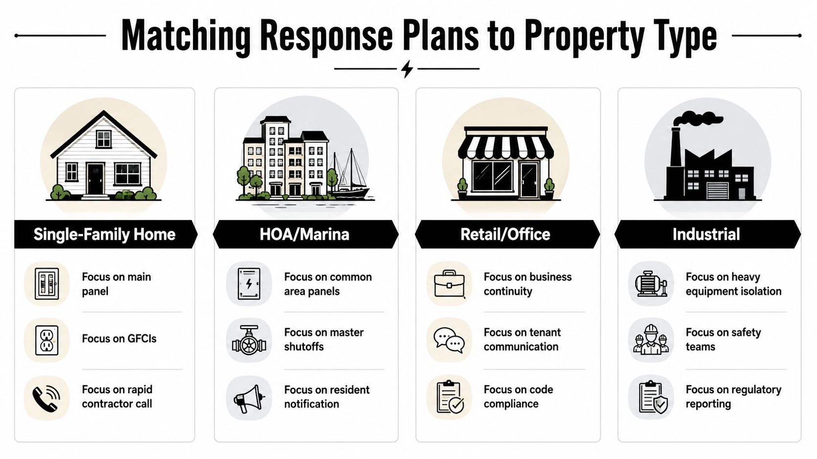 An infographic showing different property types and their corresponding electrical emergency response plan priorities.