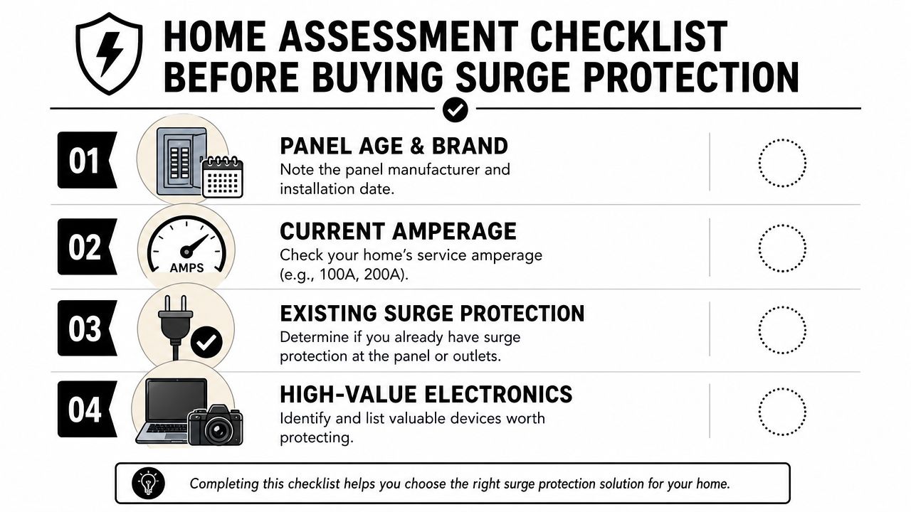 A home assessment checklist guide for property owners planning to install whole house surge protection equipment.