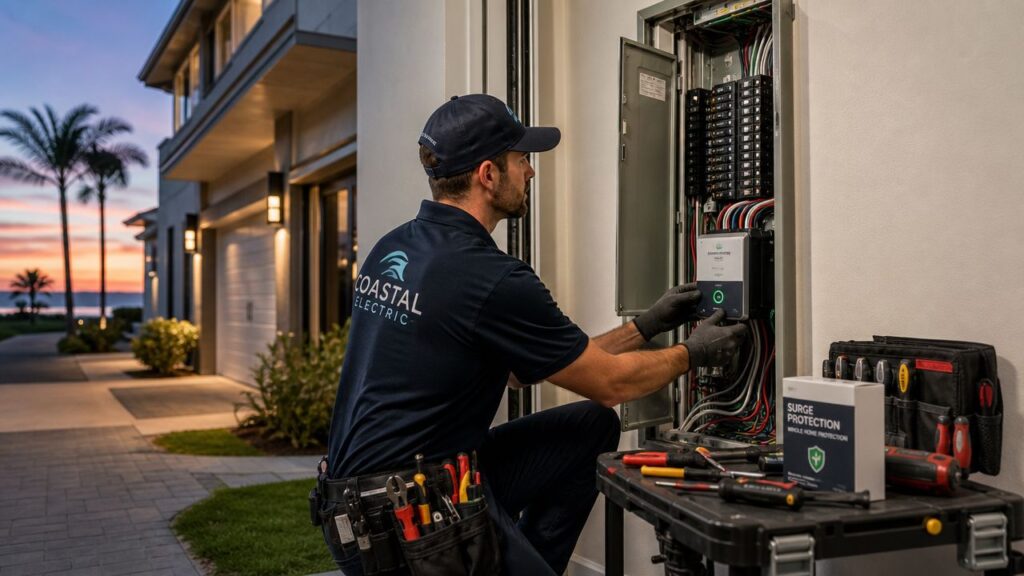 whole home surge protection installation electrical repair Whole Home Surge Protection Installation Guide A professionally installed whole-home surge protector typically runs $200 to $700 for the device, with $100 to $200 in labor, and most jobs take about 2 hours. That's a modest spend when the primary target is the collection of electronics, appliances, and control boards in a Palm Beach County home. whole home surge protection installation electrical repair Whole Home Surge Protection Installation Guide A professionally installed whole-home surge protector typically runs $200 to $700 for the device, with $100 to $200 in labor, and most jobs take about 2 hours. That's a modest spend when the primary target is the collection of electronics, appliances, and control boards in a Palm Beach County home.