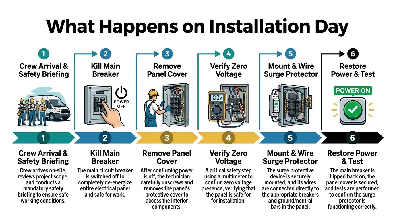 A six-step infographic illustrating the professional process for installing whole home surge protection in an electrical panel.
