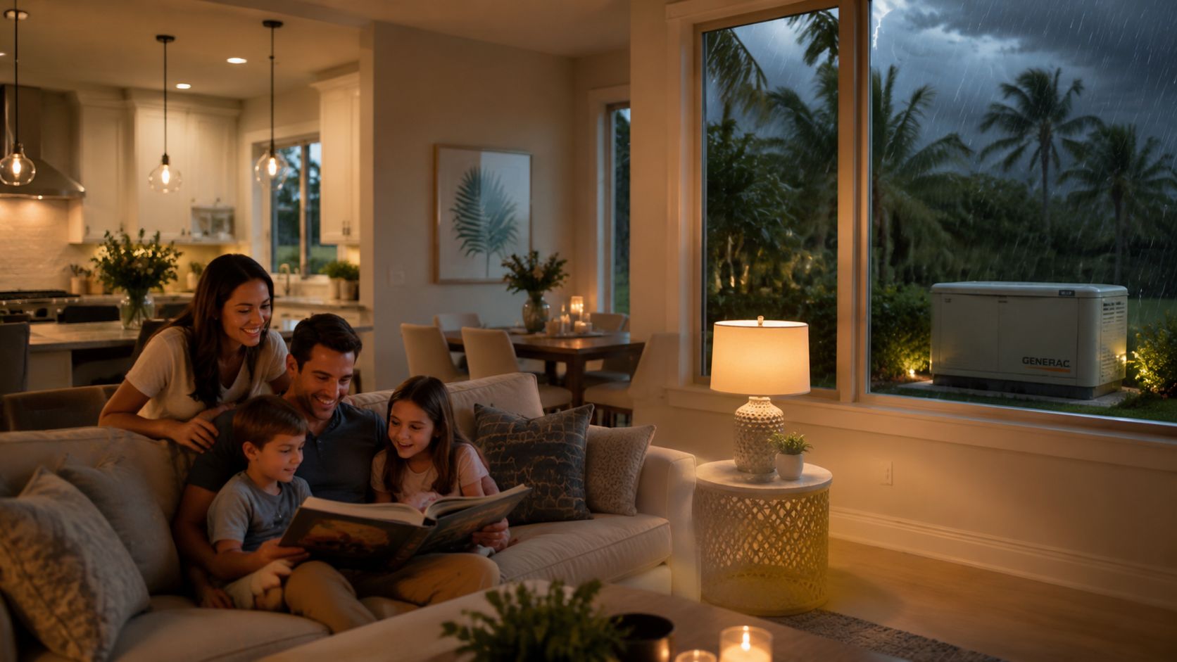 A happy family reads a book together in a brightly lit living room during a rainy night.