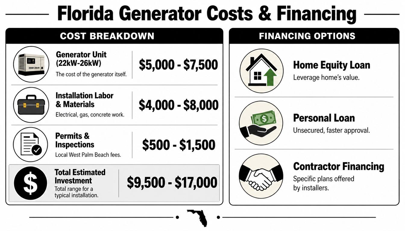 A cost breakdown and financing options for installing a whole house generator in West Palm Beach, Florida.
