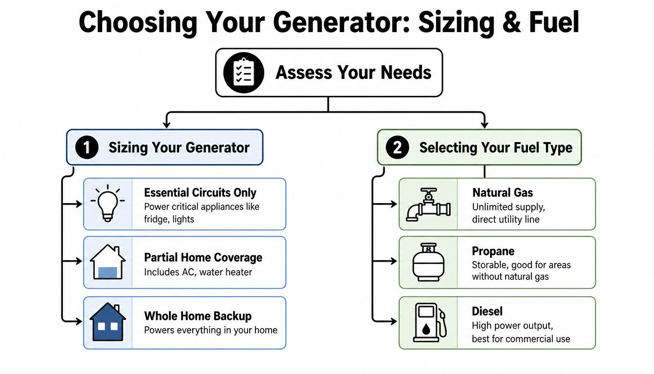 An infographic titled Choosing Your Generator: Sizing and Fuel showing how to assess generator needs and fuel.