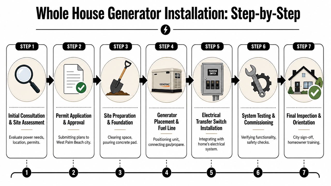 A step-by-step infographic illustrating the professional installation process for a whole house generator system.