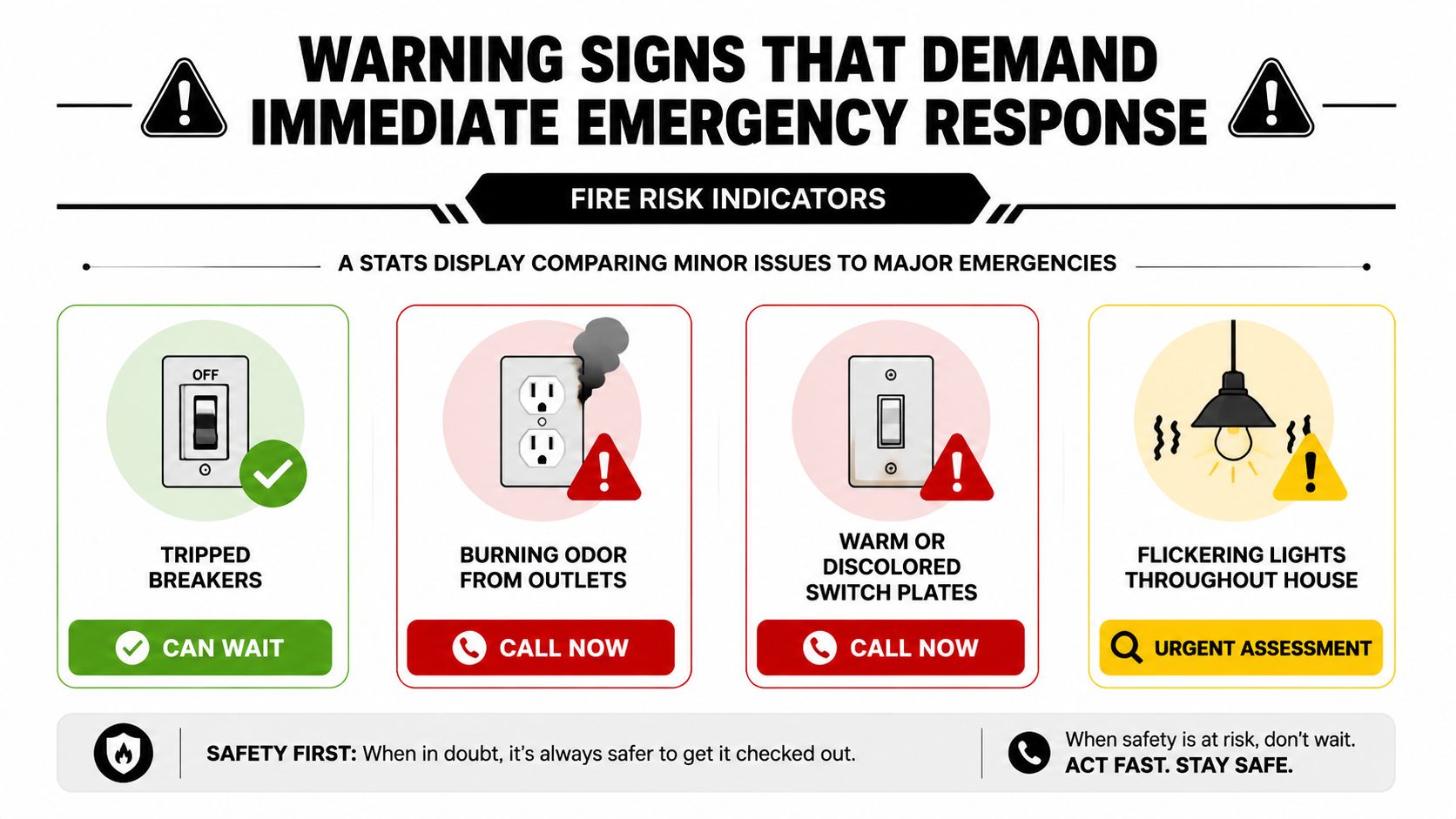 A safety infographic highlighting electrical warning signs like flickering lights, burning odors, and warm switch plates.
