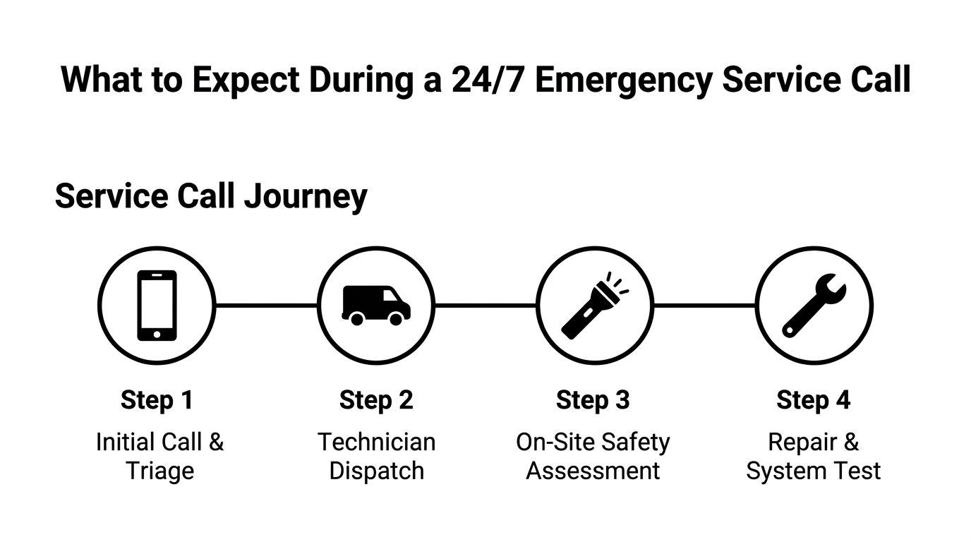 A four-step infographic illustrating the process of a 24/7 emergency service call from triage to repair.