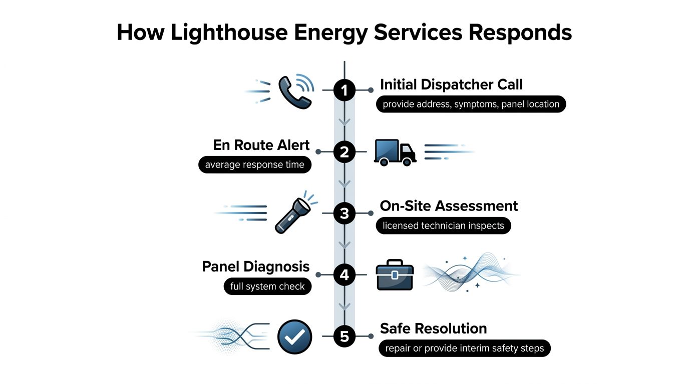 A five-step infographic explaining the emergency service response process for Lighthouse Energy Services.