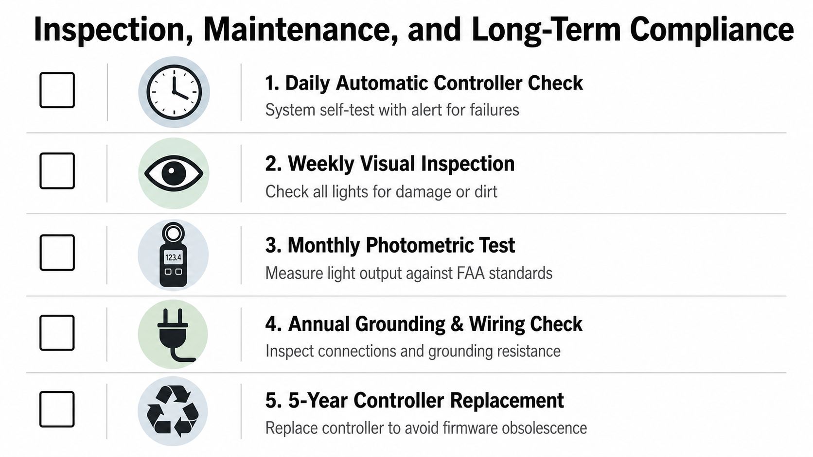 aircraft obstruction light installation maintenance checklist Aircraft Obstruction Light Installation: 2026 Guide A professional aircraft obstruction light installation starts with paperwork, not a ladder. The crew confirms the FAA determination, applicable permits, and approved geometry before anyone orders equipment or drills a mounting point. That sequence prevents a field failure in which convenient fixtures later prove to be at the wrong height, color, pattern, or level. A checklist for inspection, maintenance, and long-term compliance of aircraft obstruction light installation equipment and systems.