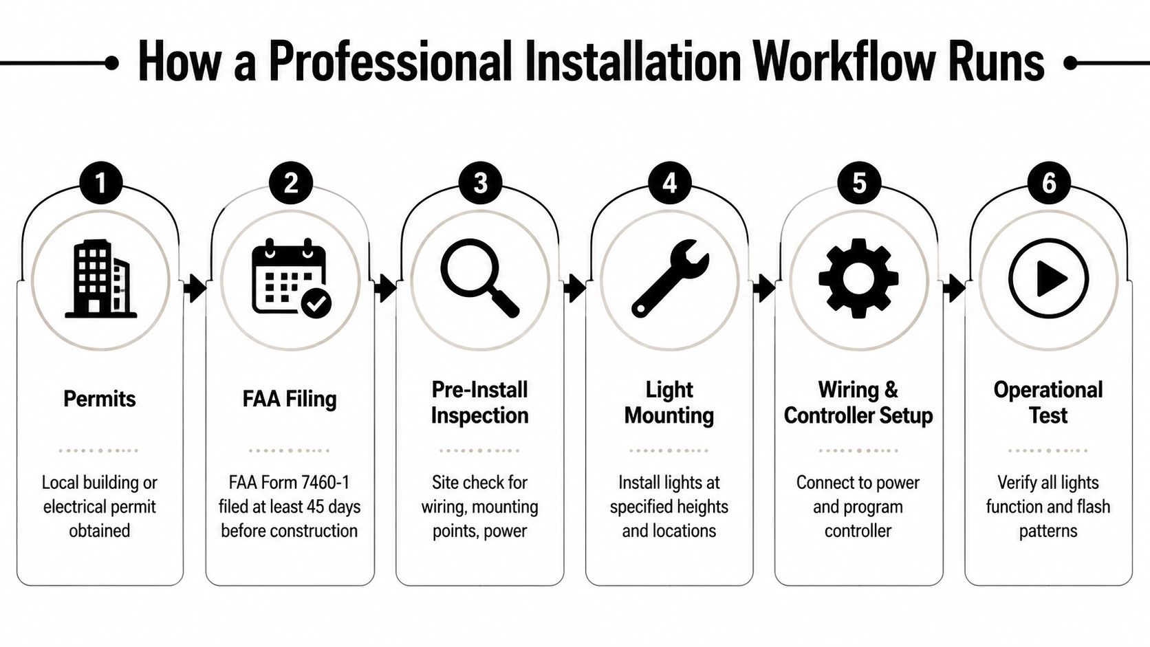 aircraft obstruction light installation workflow Aircraft Obstruction Light Installation: 2026 Guide A professional aircraft obstruction light installation starts with paperwork, not a ladder. The crew confirms the FAA determination, applicable permits, and approved geometry before anyone orders equipment or drills a mounting point. That sequence prevents a field failure in which convenient fixtures later prove to be at the wrong height, color, pattern, or level. A six-step professional installation workflow diagram for aircraft obstruction lighting projects, from permits to operational testing.