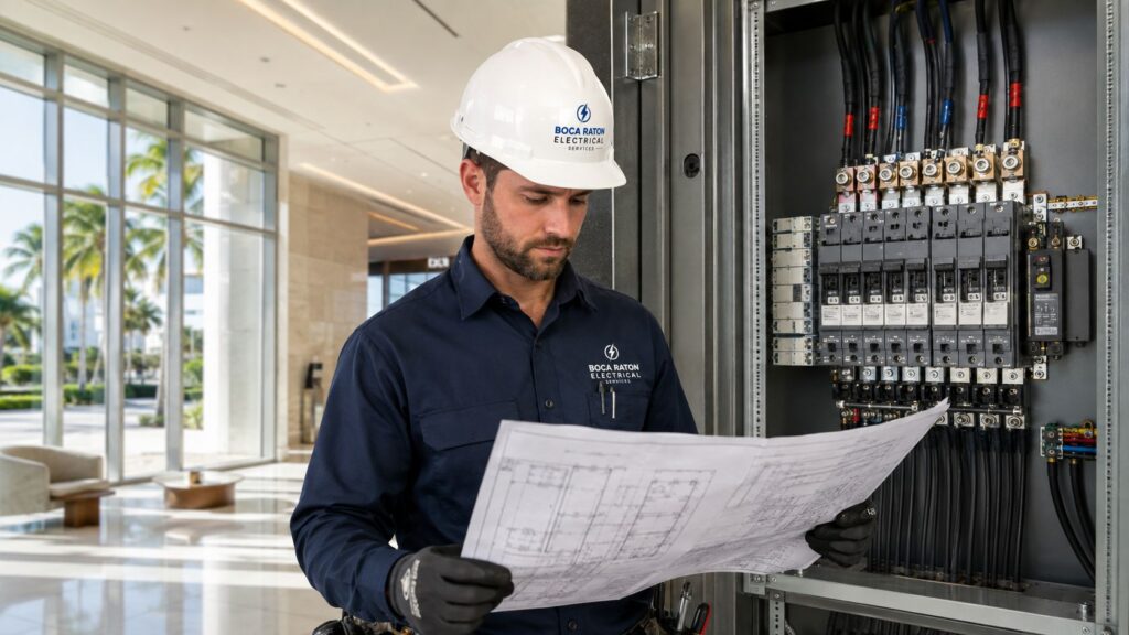 commercial electrical contractors boca raton electrician examining blueprints Top Commercial Electrical Contractors Boca Raton 2026 You're standing in front of a property that can't afford a long outage. The lights are fine, but a panel is aging, tenants are calling, and your inbox is already full of quotes that all sound the same. That's exactly when typing commercial electrical contractors Boca Raton into a search bar gets dangerous, because a directory result isn't proof of capacity.