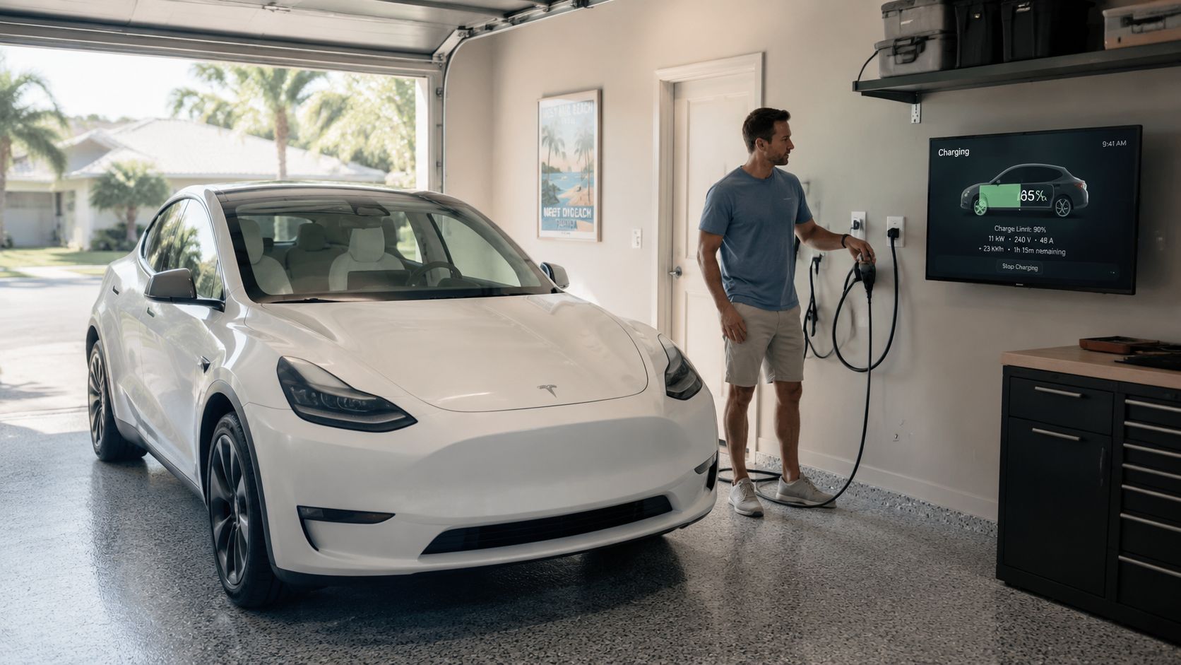 electric vehicle charging station home install tesla charging Electric Vehicle Charging Station Home Install Guide That decision controls the project's wiring, permit path, cost, and schedule. This guide approaches an electric vehicle charging station home install the way I'd advise a Palm Beach County homeowner at the kitchen table, starting with the panel, then moving through charger selection, site planning, permits, installation, inspection, and ongoing maintenance. A man in a home garage charging his white Tesla electric vehicle using a wall-mounted charging station.