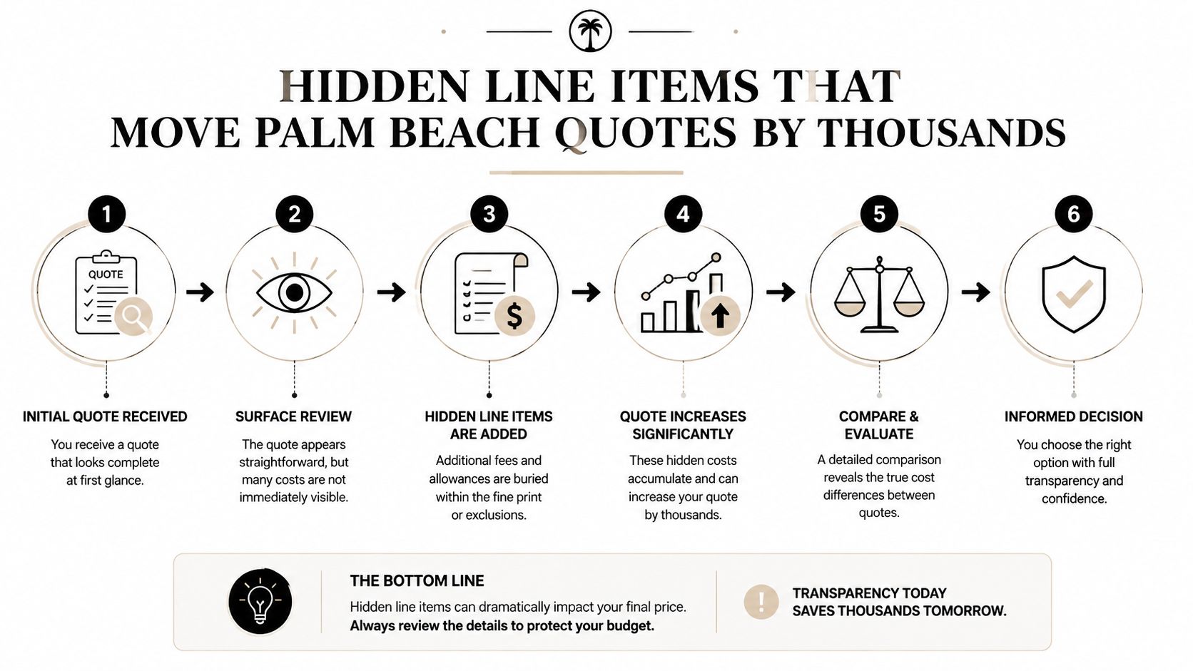 An infographic showing the step-by-step process of identifying hidden costs in Palm Beach construction project quotes.