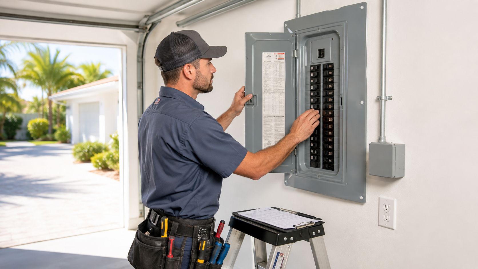electrical panel replacement west palm beach electrician inspection Electrical Panel Replacement West Palm Beach Guide Your breakers keep tripping when the AC kicks on, the lights dim in the kitchen, and the panel in the garage feels hotter than it should. In West Palm Beach, that's usually not a nuisance you can ignore for long, it's the home telling you the electrical system is running out of capacity or age. For a lot of local homes, electrical panel replacement West Palm Beach isn't about chasing a single bad breaker, it's about bringing older service equipment up to the demands of modern living, storm-season stress, and the documentation lenders and insurers expect. A professional electrician wearing a uniform and hat inspecting a residential electrical breaker panel in a garage.