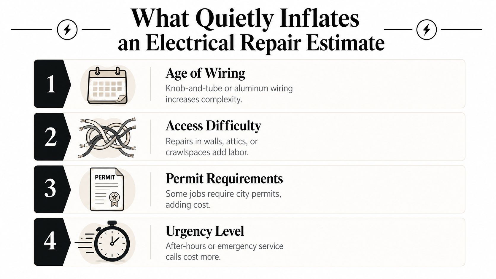 electrical repair cost factors Electrical Repair Cost: A Homeowner's Complete Guide A typical small electrical repair cost lands around $150 to $400, and a licensed electrician's average hourly rate is $135 HomeFixx pricing data. If a quote for a dead outlet, switch, or breaker swap comes in inside that band, you're usually looking at a normal service call, not a rip-off. An infographic titled What Quietly Inflates an Electrical Repair Estimate listing four key factors that increase costs.