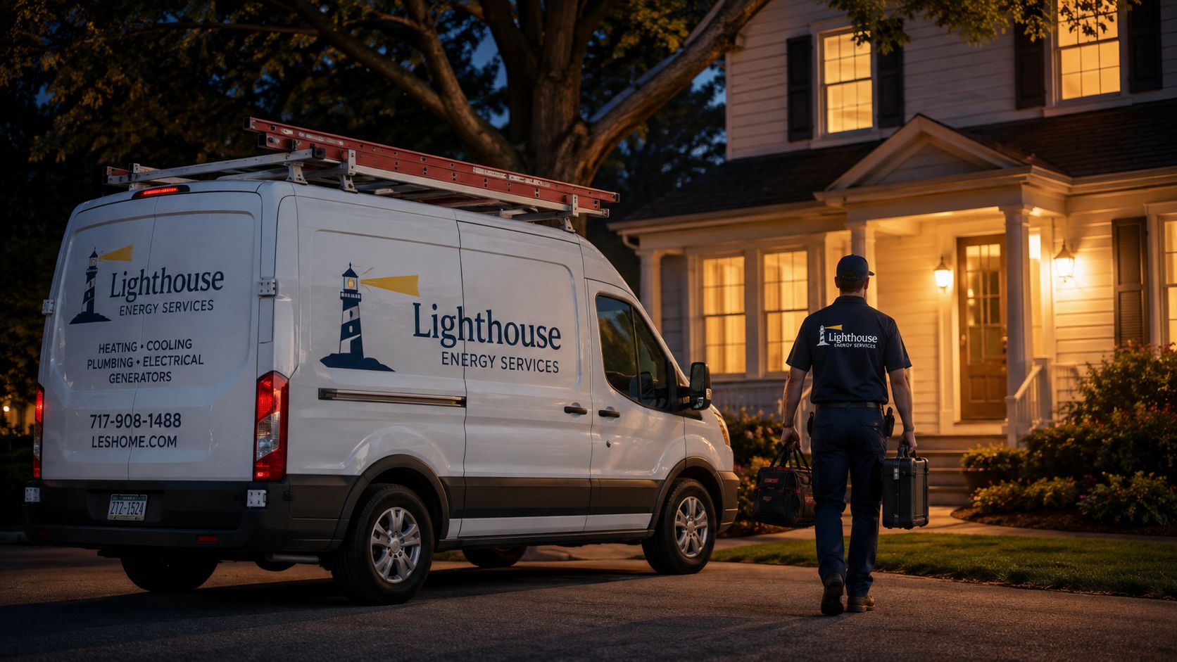 A service technician from Lighthouse Energy Services arrives at a residential home at night for repairs.