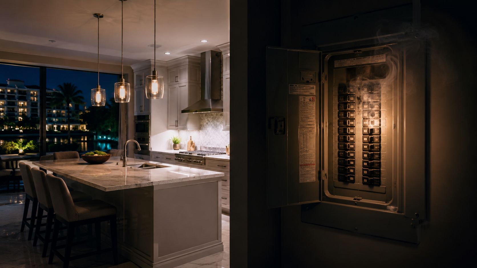 A modern kitchen interior with a smoking electrical breaker panel in the foreground causing a potential hazard.