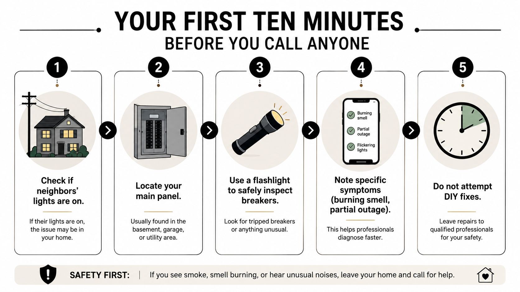 An infographic showing five steps for home electrical power outages before calling a professional electrician.