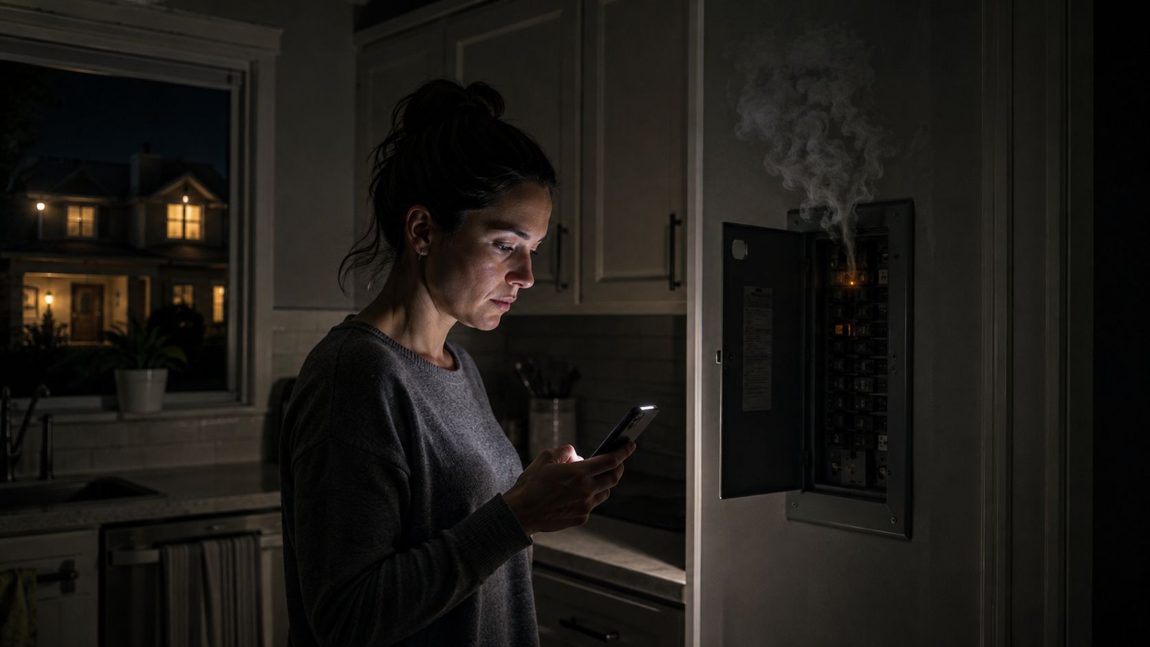 A worried woman stands in a dim kitchen looking at her phone as a circuit breaker smokes.