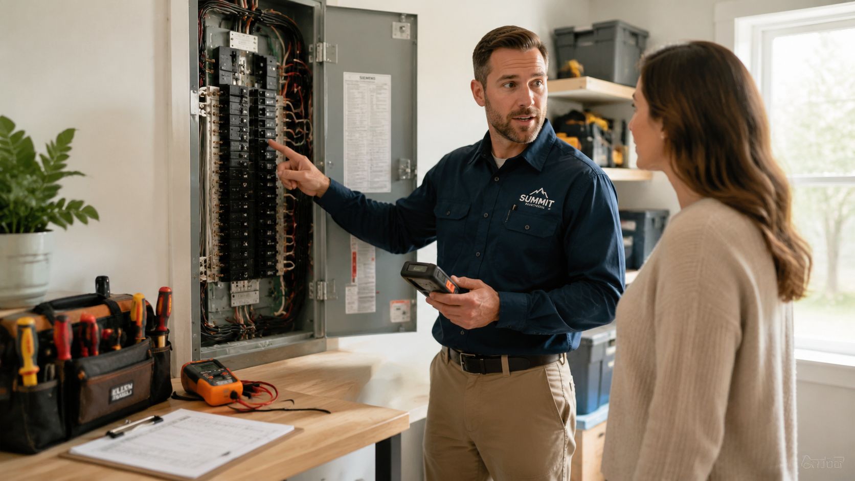 An electrician talking to a female homeowner while explaining the electrical breaker box panel in her home.