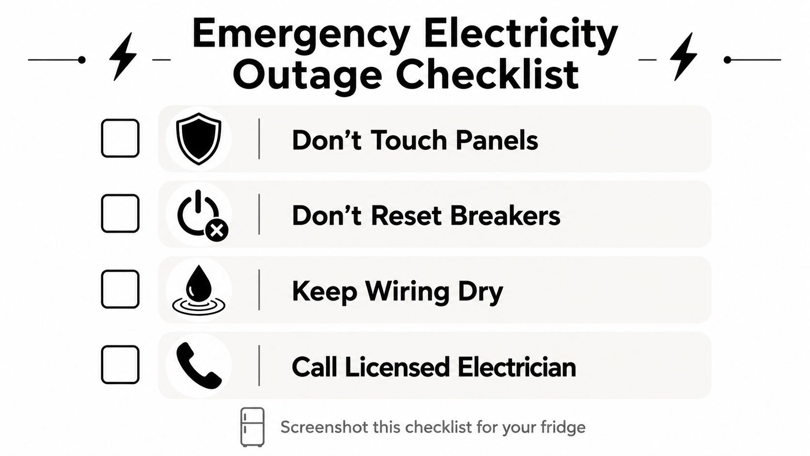 A simple checklist showing four essential safety rules to follow during an emergency electricity power outage.