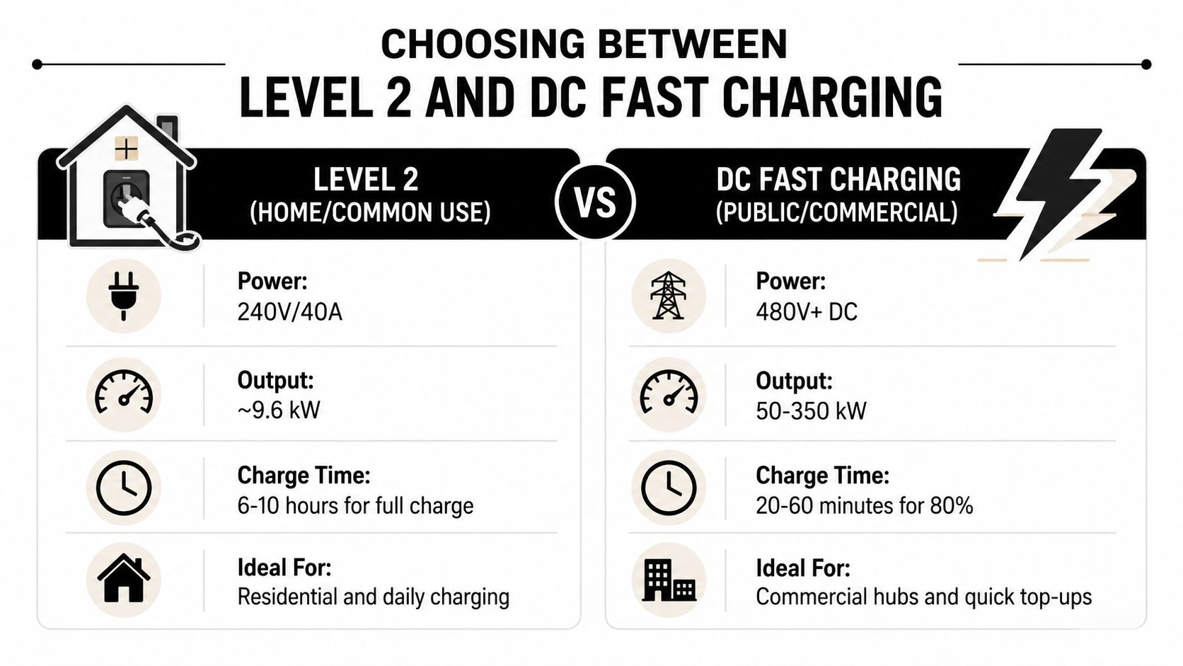 ev charger installation palm beach gardens charging comparison Expert EV Charger Installation Palm Beach Gardens You buy the EV, clear a spot in the driveway, and then the first real surprise hits. The garage outlet that seems fine for a phone or a pressure washer is nowhere near the right setup for daily charging, and now the project feels bigger than a wall mount. In Palm Beach Gardens, EV charger installation usually turns into a panel check, a permit, and sometimes an HOA conversation before anyone drills a hole. A comparison chart showing differences between Level 2 home charging and public DC fast charging for EVs.