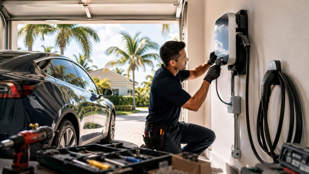 ev charger installation palm beach gardens electrician installing Home Lighthouse Energy provides all Residential, Commercial, and Industrial Electrical services!