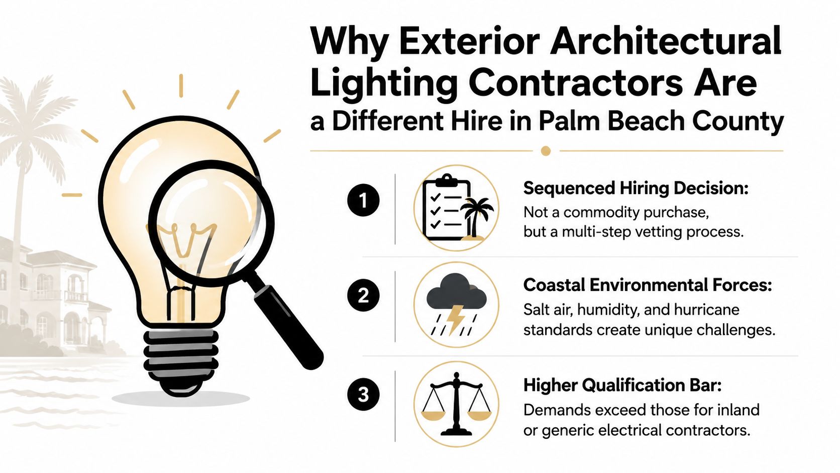 An infographic titled Why Exterior Architectural Lighting Contractors Are a Different Hire in Palm Beach County.