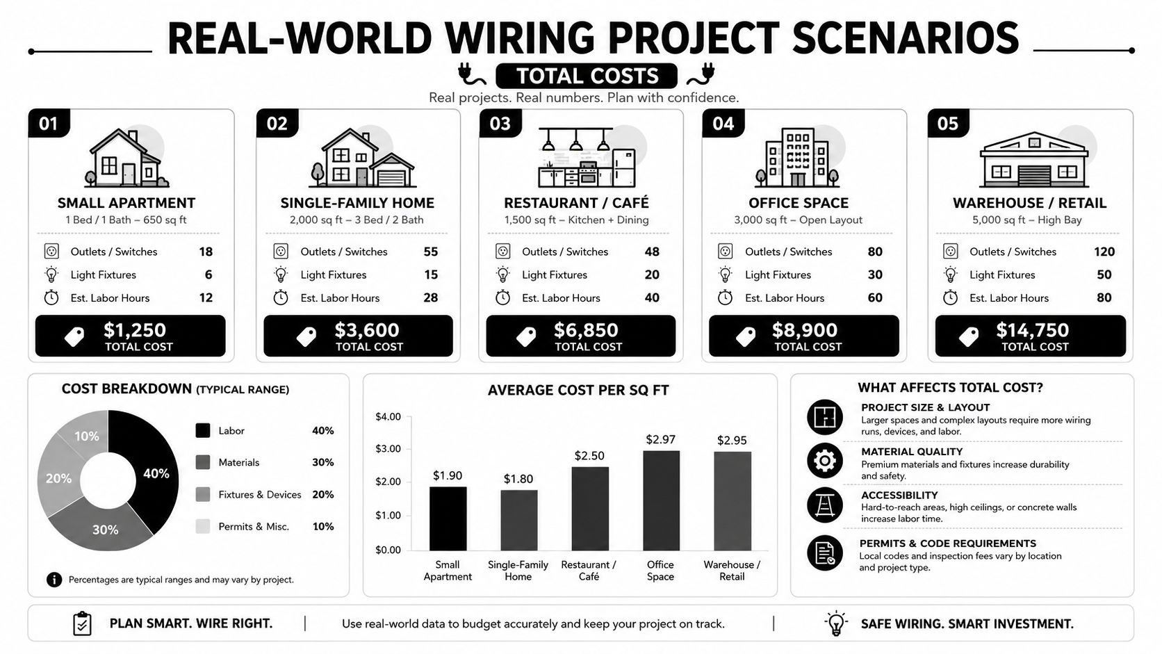 An infographic showing the estimated electrical wiring costs for five different project types ranging from apartments to warehouses.