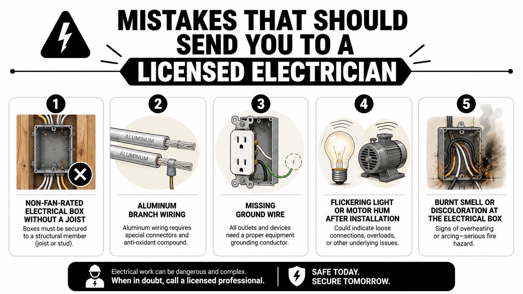 An infographic listing five dangerous electrical mistakes that require a professional licensed electrician to fix.