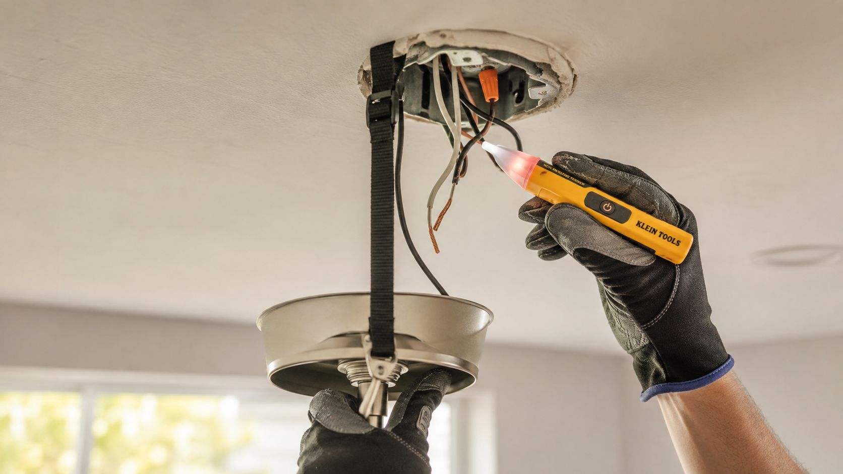 An electrician wearing gloves uses a voltage tester on ceiling wires during a ceiling fan installation.