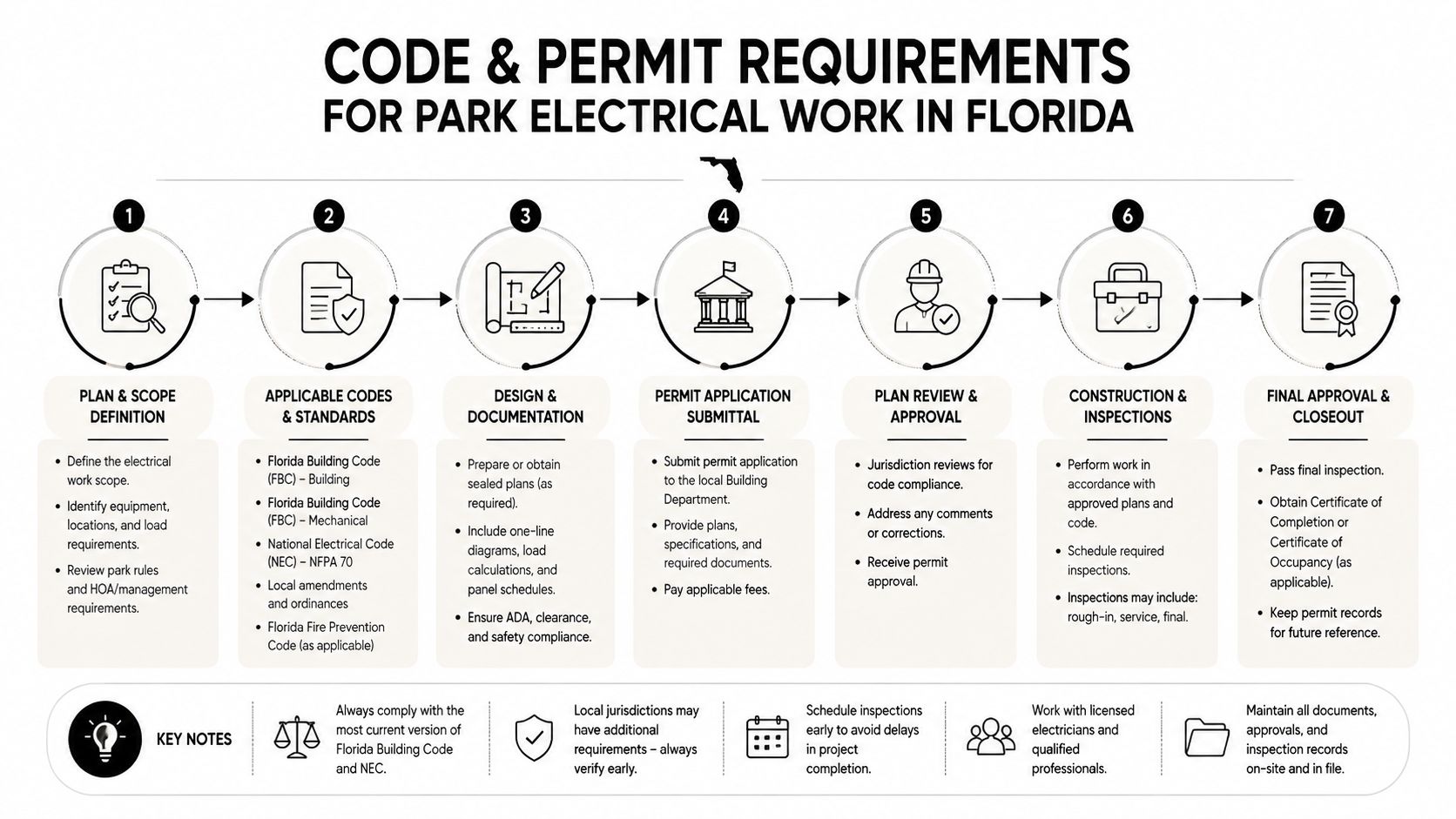 mobile home park electrician palm beach electrical permits Mobile Home Park Electrician Palm Beach: Expert Guide 2026 A pedestal trips at 2 a.m., four lots lose power, and the first question is usually, “Who owns the problem?” The answer may sit at the boundary between park distribution equipment and a resident's manufactured home. If your contractor can't identify that boundary quickly, the outage gets longer, the permit process gets messier, and responsibility gets pushed around while residents wait in the heat. A seven-step flow chart outlining the code and permit requirements for park electrical work in Florida.