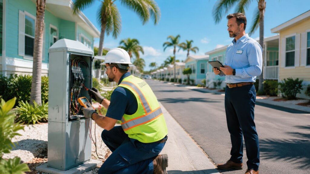 mobile home park electrician palm beach electrician inspection Mobile Home Park Electrician Palm Beach: Expert Guide 2026 A pedestal trips at 2 a.m., four lots lose power, and the first question is usually, “Who owns the problem?” The answer may sit at the boundary between park distribution equipment and a resident's manufactured home. If your contractor can't identify that boundary quickly, the outage gets longer, the permit process gets messier, and responsibility gets pushed around while residents wait in the heat. mobile home park electrician palm beach electrician inspection Mobile Home Park Electrician Palm Beach: Expert Guide 2026 A pedestal trips at 2 a.m., four lots lose power, and the first question is usually, “Who owns the problem?” The answer may sit at the boundary between park distribution equipment and a resident's manufactured home. If your contractor can't identify that boundary quickly, the outage gets longer, the permit process gets messier, and responsibility gets pushed around while residents wait in the heat.