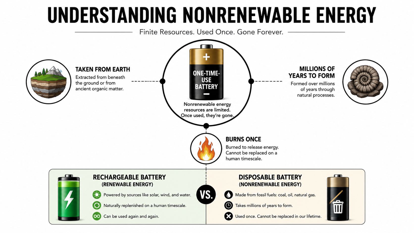 non renewable energy in florida energy infographic Non Renewable Energy in Florida: Powering the State Florida's grid is still heavily shaped by natural gas, and that's the first thing to understand about non renewable energy in Florida. In 2022, natural gas supplied about 75% of Florida's electricity generation, while coal fell to about 6%, down from 36% in 2001, and renewables such as solar and biomass contributed only about 7% of in-state generation (EIA Florida analysis). That's not a balanced mix, it's a system that still leans hard on one fuel. An infographic explaining nonrenewable energy using a battery metaphor to show finite resources that cannot be replaced.
