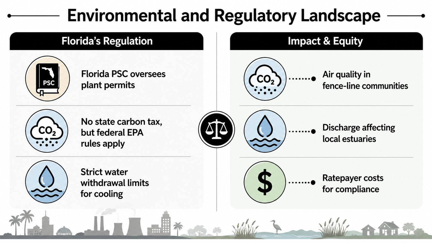 non renewable energy in florida regulatory landscape Non Renewable Energy in Florida: Powering the State Florida's grid is still heavily shaped by natural gas, and that's the first thing to understand about non renewable energy in Florida. In 2022, natural gas supplied about 75% of Florida's electricity generation, while coal fell to about 6%, down from 36% in 2001, and renewables such as solar and biomass contributed only about 7% of in-state generation (EIA Florida analysis). That's not a balanced mix, it's a system that still leans hard on one fuel. An infographic titled Environmental and Regulatory Landscape showing Florida energy regulations and their community impacts.