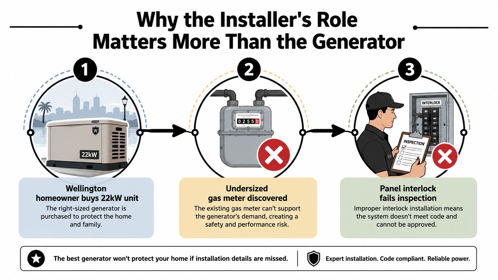 standby generator installers installation process How to Choose Standby Generator Installers in Palm Beach That's when the project becomes visible. A standby generator isn't just a box delivered to a concrete pad. It's a coordinated electrical, fuel, permitting, utility, inspection, and commissioning project. The right standby generator installers manage that chain from the first load calculation through final approval, rather than leaving the homeowner to coordinate separate trades after the sale. A diagram illustrating why professional standby generator installation matters, highlighting common inspection and sizing failures.